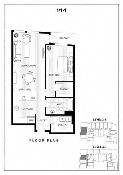 Floor plan for 1 bed, 1 bath, 793 sqft